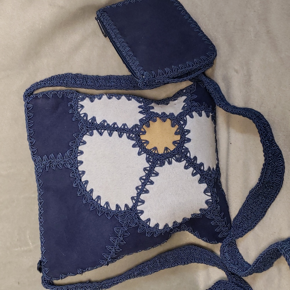Franky And Johnnie Brilliant Blue suede  Crocheted crossbody Bag.